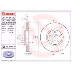 Disque de frein BREMBO 09A42721 avant, ventilé, 1 pièce