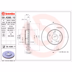 Disque de frein BREMBO 09A38611 avant, ventilé, 1 pièce
