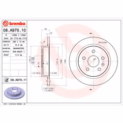 Disque de frein BREMBO 08A97011 arrière, plein, 1 pièce