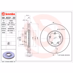 Disque de frein BREMBO 09A53120 avant, ventilé, 1 pièce