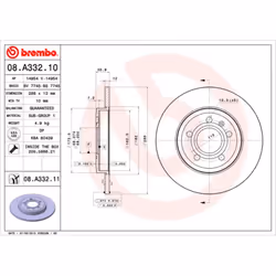 Disque de frein BREMBO 08A33211 arrière, plein, 1 pièce