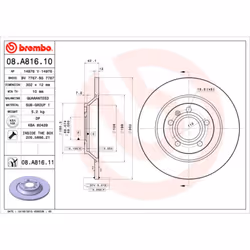 Disque de frein BREMBO 08A81611 arrière, plein, 1 pièce