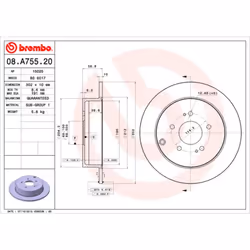 Disque de frein BREMBO 08A75520 arrière, plein, 1 pièce