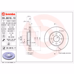 Disque de frein BREMBO 9861611 avant, ventilé, 1 pièce