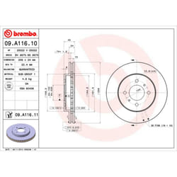 Disque de frein BREMBO 09A11611 arrière, ventilé, 1 pièce