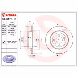 Disque de frein BREMBO 08C17210 arrière, plein, 1 pièce