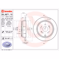 Disque de frein BREMBO 08A87111 arrière, plein, 1 pièce