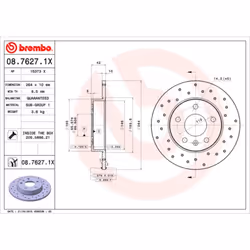 Disque de frein BREMBO 0876271X arrière, perforé, perforé, plein, 1 pièce