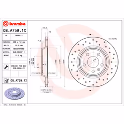 Disque de frein BREMBO 08A7591X arrière, perforé, perforé, plein, 1 pièce