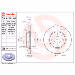 Disque de frein BREMBO 09A14841 avant, ventilé, 1 pièce