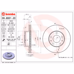 Disque de frein BREMBO 9893121 avant, ventilé, 1 pièce