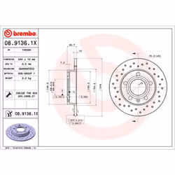 Disque de frein BREMBO 0891361X arrière, perforé, perforé, plein, 1 pièce