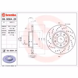 Disque de frein BREMBO 0893642X arrière, perforé, perforé, plein, 1 pièce