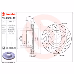 Disque de frein BREMBO 09A9661X avant, perforé, ventilé, perforé, 1 pièce