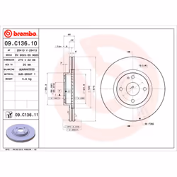 Disque de frein BREMBO 09C13611 avant, ventilé, 1 pièce