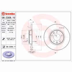 Disque de frein BREMBO 08C30811 arrière, plein, 1 pièce