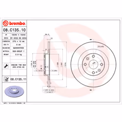 Disque de frein BREMBO 08C13511 arrière, plein, 1 pièce