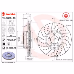 Disque de frein BREMBO 09C39813 avant, ventilé, rainuré, à haute teneur en carbone, 1 pièce