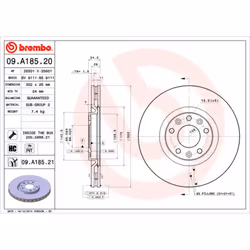 Disque de frein BREMBO 09A18521 avant, ventilé, à haute teneur en carbone, 1 pièce