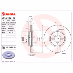 Disque de frein BREMBO 09C42211 avant, ventilé, 1 pièce