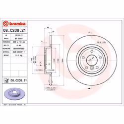 Disque de frein BREMBO 08C20821 arrière, plein, 1 pièce