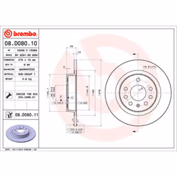 Disque de frein BREMBO 08D08011 arrière, plein, 1 pièce