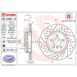 Disque de frein BREMBO 09C39513 arrière, ventilé, rainuré, à haute teneur en carbone, 1 pièce