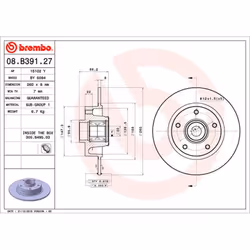 Disque de frein BREMBO 08B39127 arrière, plein, 1 pièce