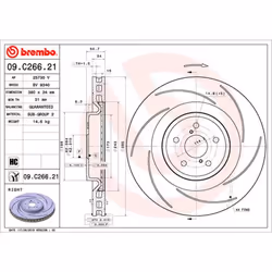 Disque de frein BREMBO 09C26621 avant, ventilé, rainuré, à haute teneur en carbone, 1 pièce