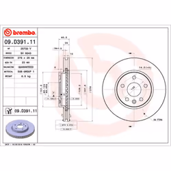 Disque de frein BREMBO 09D39111 avant, ventilé, 1 pièce