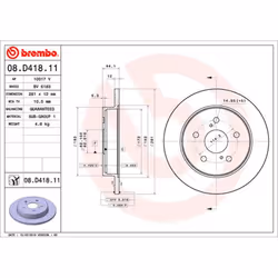Disque de frein BREMBO 08D41811 arrière, plein, 1 pièce