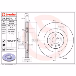 Disque de frein BREMBO 09D42411 arrière, ventilé, à haute teneur en carbone, 1 pièce
