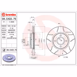 Disque de frein BREMBO 09C42275 avant, ventilé, rainuré, 1 pièce