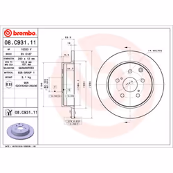 Disque de frein BREMBO 08C93111 arrière, plein, 1 pièce