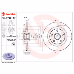 Disque de frein BREMBO 08C74217 arrière, plein, 1 pièce