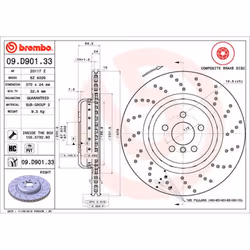 Disque de frein BREMBO 09D90133 arrière, ventilé, à haute teneur en carbone, 1 pièce