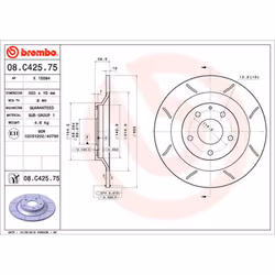 Disque de frein BREMBO 08C42575 arrière, rainuré, plein, 1 pièce