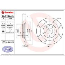 Disque de frein BREMBO 08C42575 arrière, rainuré, plein, 1 pièce