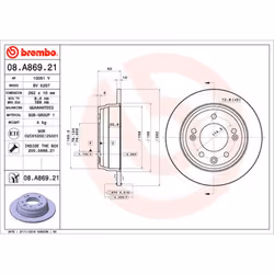 Disque de frein BREMBO 08A86921 arrière, plein, 1 pièce