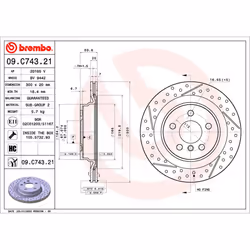 Disque de frein BREMBO 09C74321 arrière, ventilé, rainuré, à haute teneur en carbone, 1 pièce