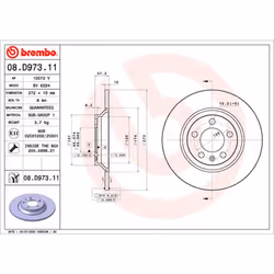 Disque de frein BREMBO 08D97311 arrière, plein, 1 pièce