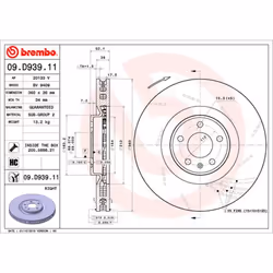 Disque de frein BREMBO 09D93911 avant, ventilé, rainuré, à haute teneur en carbone, 1 pièce