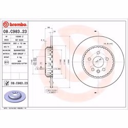 Disque de frein BREMBO 08C98323 arrière, plein, 1 pièce