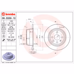 Disque de frein BREMBO 08.5559.10, arrière, plein, 1 pièce