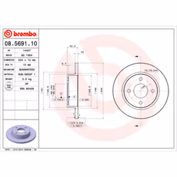 Disque de frein BREMBO 08.5691.10, avant, plein, 1 pièce