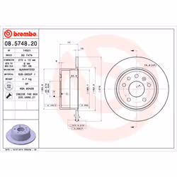 Disque de frein BREMBO 08.5748.20, arrière, plein, 1 pièce