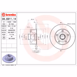 Disque de frein BREMBO 08.6911.14, arrière, plein, 1 pièce