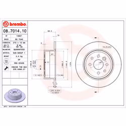 Disque de frein BREMBO 08.7014.10, arrière, plein, 1 pièce