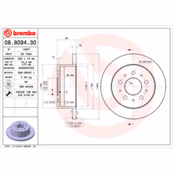 Disque de frein BREMBO 8809430 arrière, plein, 1 pièce