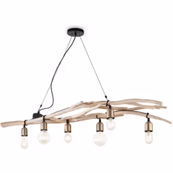 Rose en métal. Structure suspendue de branches naturelles. Housses de lampe en métal brossé. L 1400 x H min 450 / max 1230 x ...